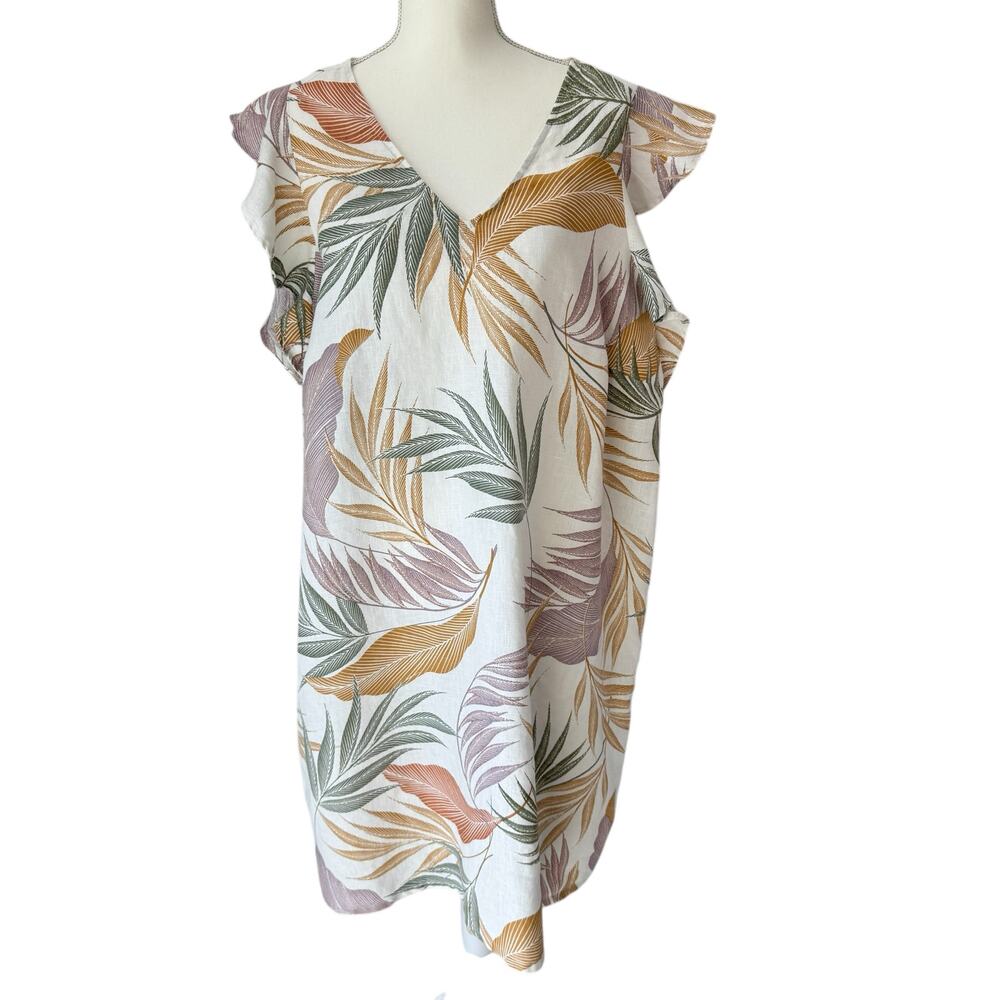 TAHARI Linen Tropical Palm Dress Mojave Coastal Flutter Sleeve Plus Size 1X